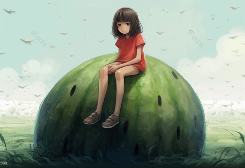 夏天夏日女孩坐在巨型西瓜上沉思儿童节唯美插画,插画/手绘图,插画/手绘图库,插画/手绘图下载,插画/手绘
